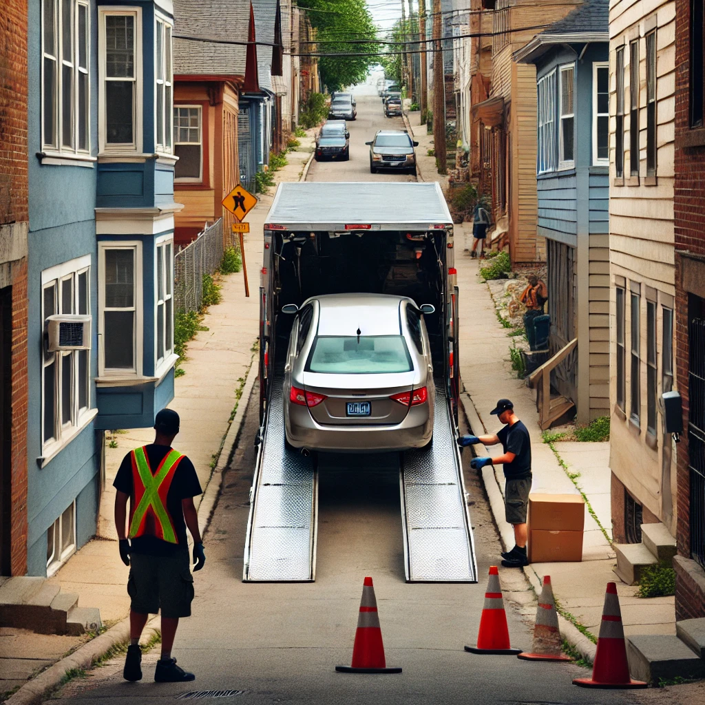 A car being unloaded from a vehicle transport trailer on a residential street