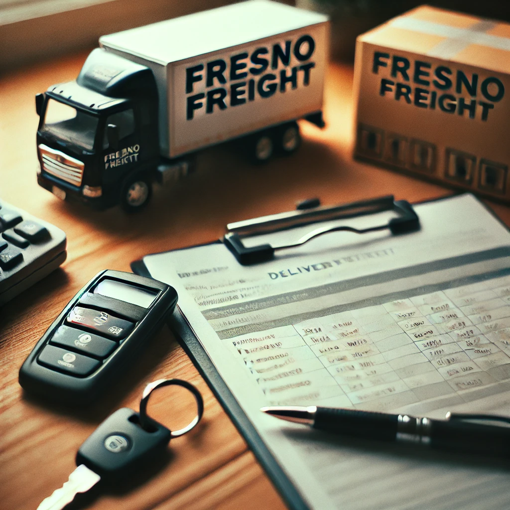 Fresno freight logistics setup featuring a delivery schedule, key fob, and branded truck model—highlighting payment tracking, transition control, and freight rate documentation for California-based transport business.
