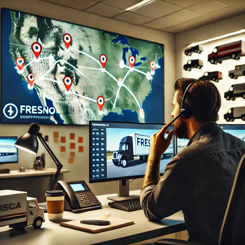 A logistics coordinator monitors Fresno freight routes on a digital map, showcasing control, availability, and real-time transit tracking.