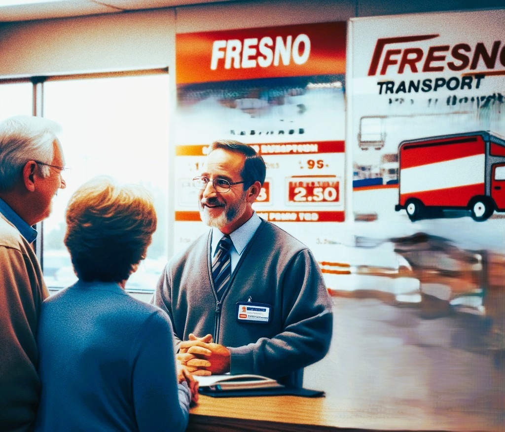 An elderly couple discusses Fresno transport options at a service desk with a friendly staff member, highlighting approachability, rate transparency, customer satisfaction, and service quality.