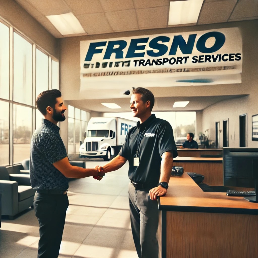 A client and staff member shaking hands at a Fresno transport services office, with a branded truck visible in the background—emphasizing strong business partnerships, industry professionalism, and seamless decision-making for freight transitions.