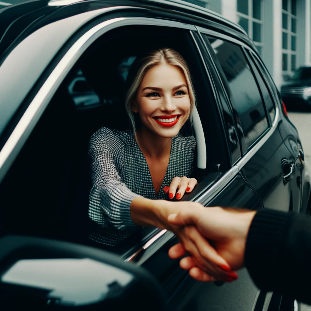 A smiling customer receives keys from a delivery professional during a Fresno car transport service at her home.