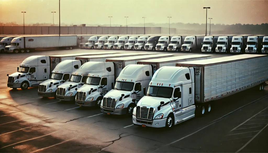 A fleet of open and enclosed car carrier trucks parked in a secure lot on the outskirts, representing different areas of service, showcasing the company's logo, highlighting the vehicle shipping process, with connections extending to New York City.