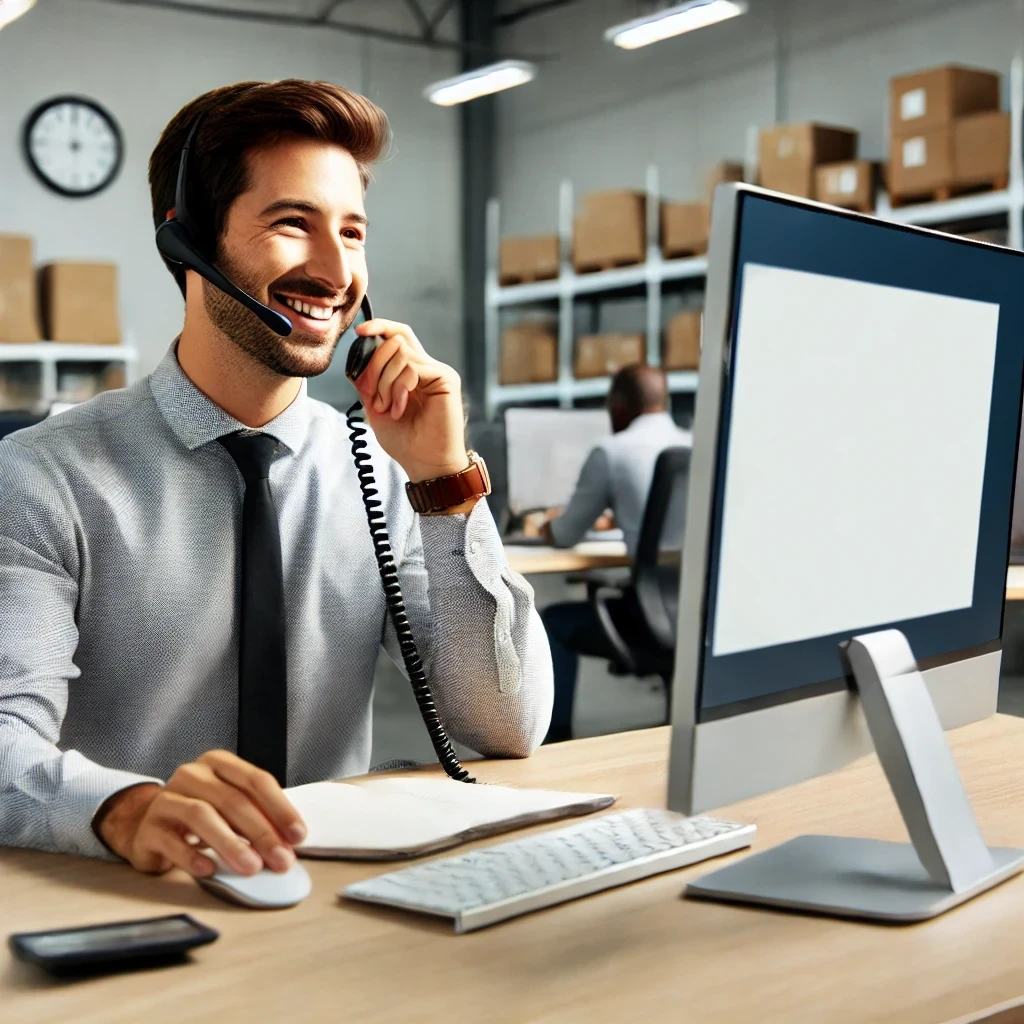 a friendly employee wearing a headset, speaking on the phone while helping customer