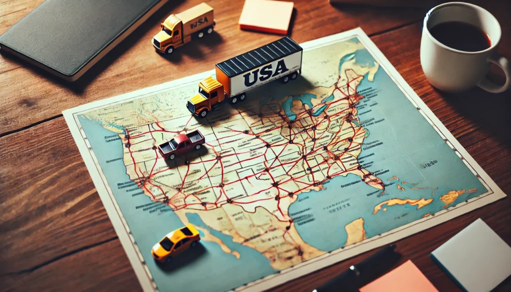 A map of the USA spread across a wooden table with a transport truck placed beside it, symbolizing nationwide delivery routes and logistics planning.