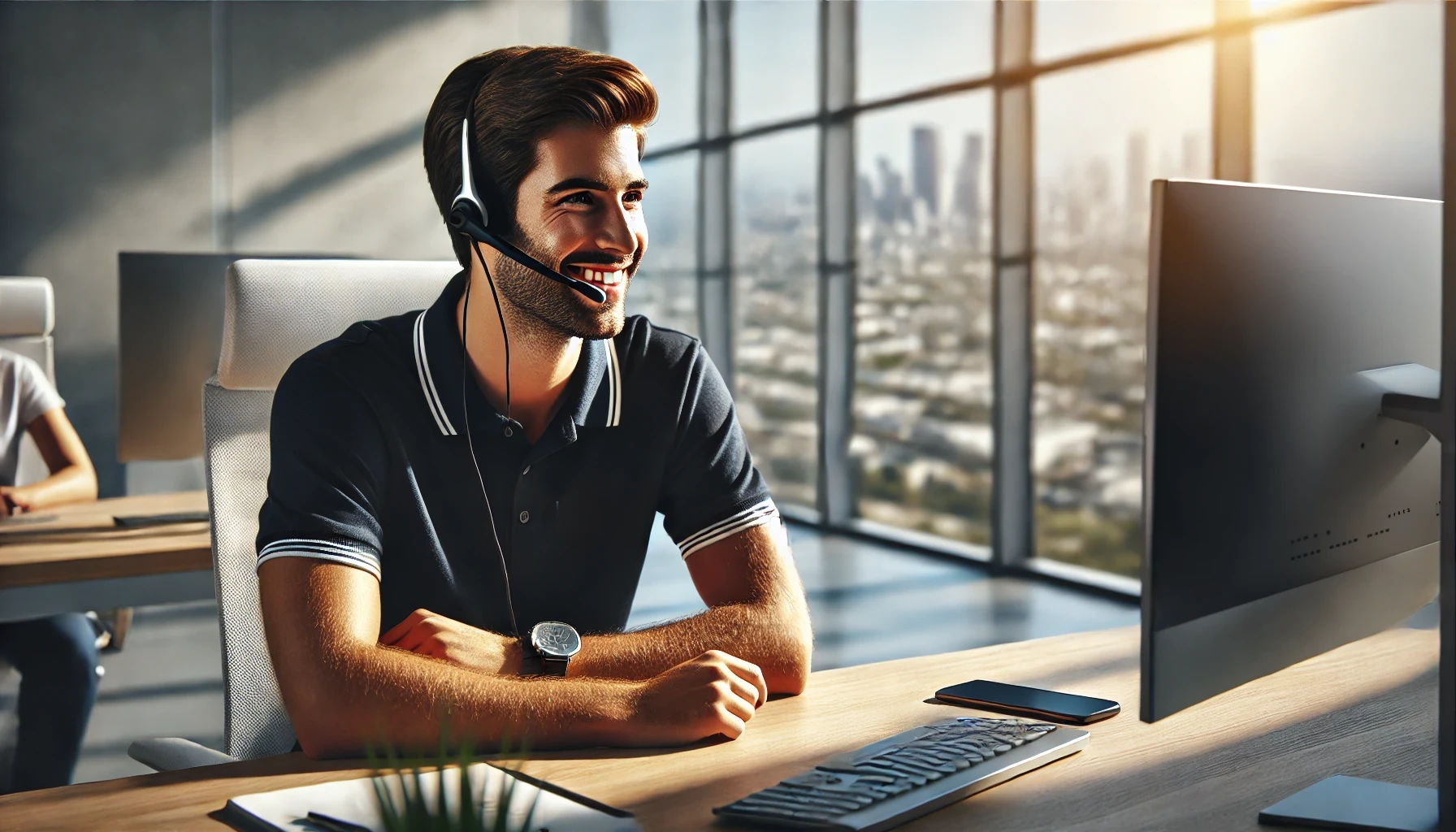 a smiling customer service representative in a modern office providing support while talking