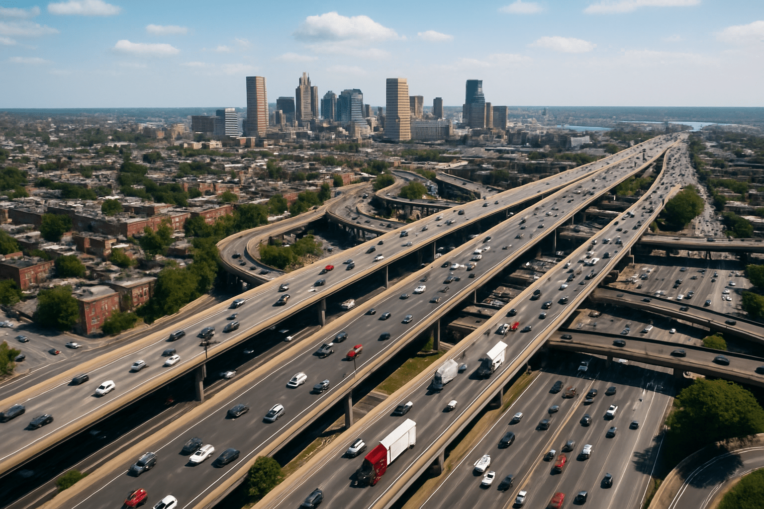 Aerial view of Baltimore city highways with cars and trucks during daytime, showcasing the urban road network and light traffic flow.