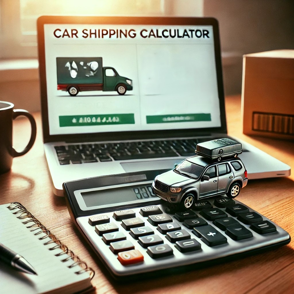 A car shipping calculator open on a laptop beside a calculator with an SUV model, representing car shipping costs, decision tools, credit options, and accurate estimates.