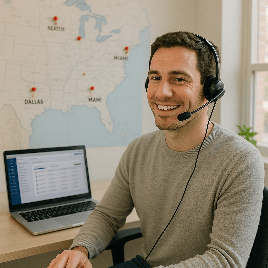Customer support agent assisting questions and cross-country scheduling from Baltimore.