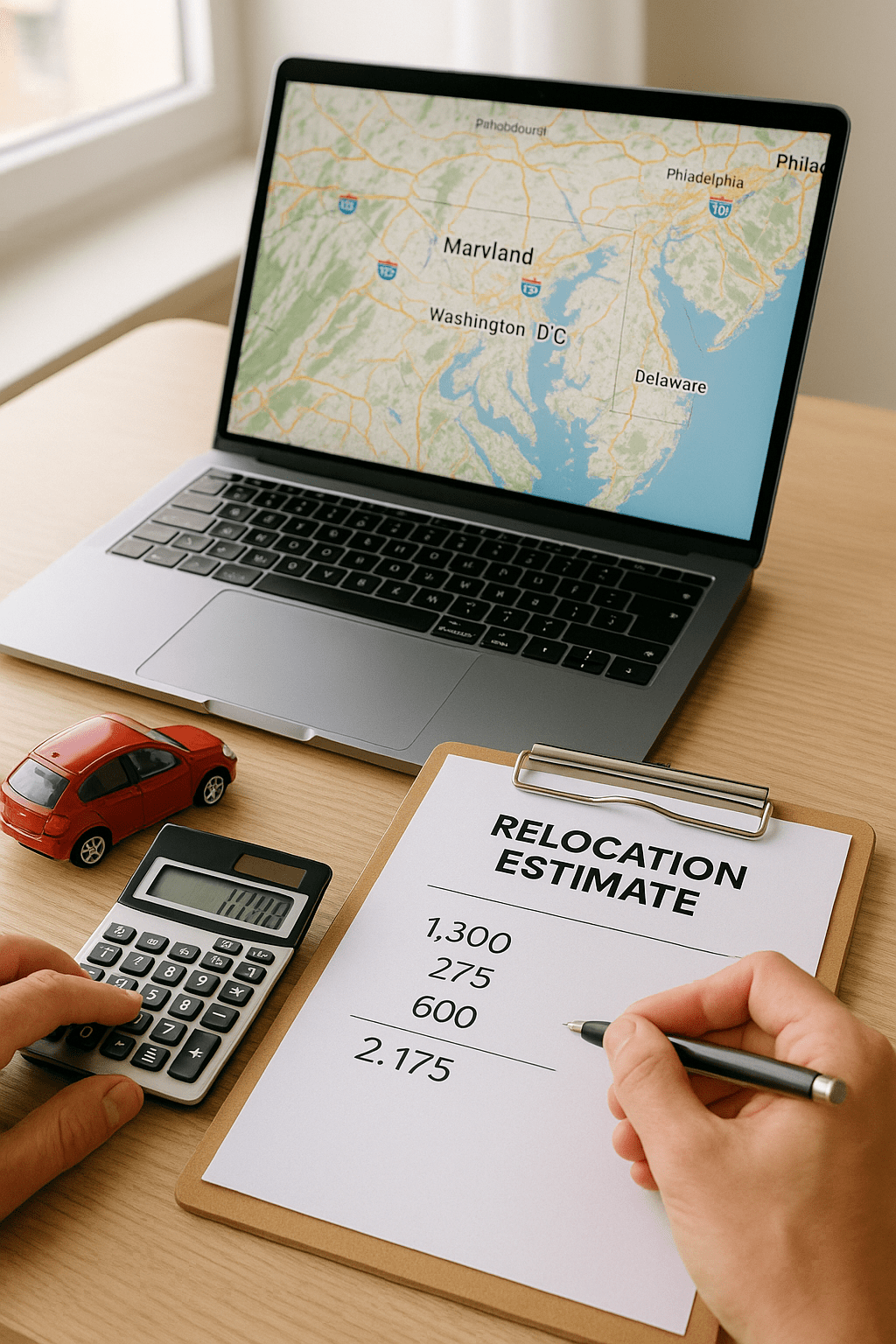 Desk showing cost estimate sheet, calculator, and car model for budget planning in Baltimore.