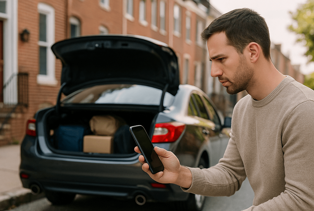 Person inspecting and photographing their vehicle before pickup on a Baltimore residential street.